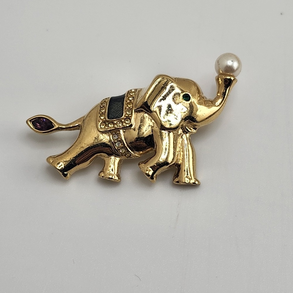 Vintage Gold Tone Elephant Brooch Pin Faux Pearl And Rhinestones